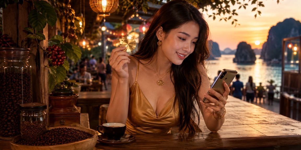 Du khách tại Vịnh Hạ Long dùng điện thoại thực hiện giao dịch casino và kiểm tra số dư