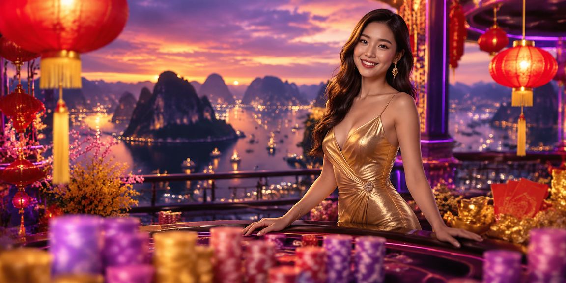 Phong cảnh Vịnh Hạ Long về đêm với đèn lồng đỏ và người dùng nhận thưởng trên điện thoại