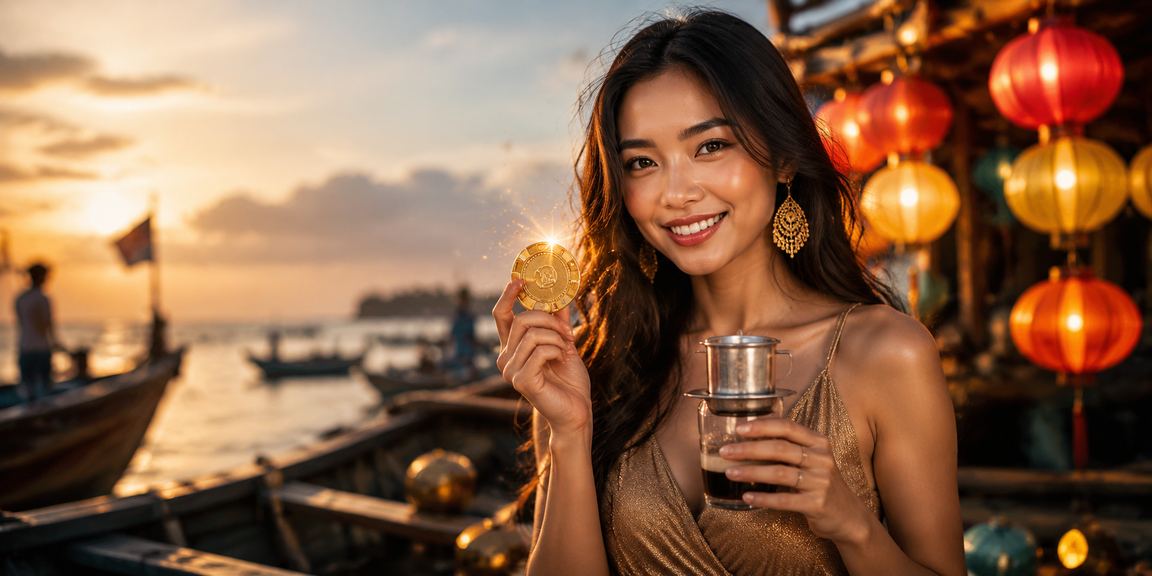 Khung cảnh quán cà phê Hội An buổi sáng với người dùng đang kiểm tra giao dịch casino